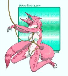 2010 anthro big_breasts bondage breasts canine ear_piercing earring female fox fur furry iggi lucinda nude piercing pink plantigrade pussy rope solo