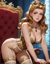 ai_generated anna_henrietta ass blonde_hair breasts corset crown female garter_belt garter_straps light-skinned_female lingerie looking_at_viewer panties solo stockings the_witcher_(series) the_witcher_3:_wild_hunt theharemking throne