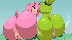 1girls 2d 2d_animation 2girls afrosoricid amy_rose animated animated_gif anthro anus ass ass_focus ass_to_ass bedroom_eyes big_ass bottom_heavy bouncing_ass bubble_butt ear_piercing earrings electricity fat_ass female female_only furry furry_only gif half-closed_eyes hedgehog huge_ass idw_publishing jiggle jiggling_ass large_ass lightning looking_at_viewer looking_back massive_ass nude nude_female outdoors piercing pussy scrabble007 sitting sonic_(series) sonic_the_hedgehog_(idw) sonic_the_hedgehog_(series) surge_the_tenrec tail tenrec thick_ass