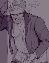 belly_hair boxers_down closed_eyes cock fez glasses gravity_falls hair hairy jacket_partially_removed leaning_on_wall male_only masturbation older_male pants_down solo stanley_pines suit tagme_(artist)