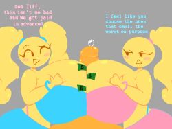 2girls annoyed brittany_(moonstadew) double_paizuri emoji_(race) happy huge_ass huge_breasts huge_cock money moonraige moonstadew multiple_girls no_outlines original_character paizuri ponytail pressing_breasts_together sisters smile test_tag text thick_thighs tiffany_(moonstadew) twintails yellow_skin