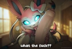 2026 anthro bodily_fluids dialogue duo eeveelution english_text erection female fur generation_6_pokemon genitals hi_res human human_on_anthro humanoid_genitalia humanoid_penis interspecies licking looking_at_viewer male male/female mammal marblesoda nintendo nude oral penile penis penis_lick pink_body pink_fur pokemon pokemon_(species) pokephilia profanity saliva sex sylveon text tongue white_body white_fur