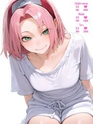 ai_generated april68th bare_legs bending_forward bending_over big_ass embarrassed embarrassed_female green_eyes looking_at_viewer naruto pink_hair sakura_haruno selfie selfie_pose shirt_only short_hair slim_waist small_breasts smiling teenager thick thick_thighs tied_hair tight_fit wide_hips