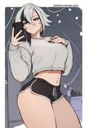 1girls 2025 ai_assisted ai_generated arlecchino_(genshin_impact) black_hair black_nails emotionless female genshin_impact grey_hair hi_res hoyoverse mihoyo multicolored_hair patreon_username phone red_eyes room_background selfie shorts sidillusts solo solo_female stomach thick_thighs thighs white_background