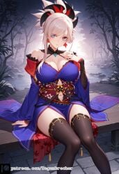 1girls ai_generated blue_eyes blue_kimono degenbrecher fate/grand_order fate_(series) kimono large_breasts miyamoto_musashi_(fate) patreon patreon_username subscribestar subscribestar_username