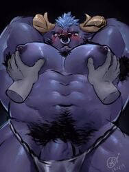 abs alistar animated anthro armpit_hair armpits bara bara_tits big_pecs blue_hair blush bovid bovine disembodied_hand fur hands_behind_head horn league_of_legends loop male minotaur muscular_male nipples nose pec_grab pec_grasp pecs pectoral_grab purple_body riot_games saury tagme video visible_breath