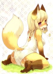 animal_ears anthro ass back background_pattern barefoot blonde_hair blush braid cameltoe canine chibi cum cum_on_ass cum_on_body cum_on_lower_body feet female fox fur furry furry_ears furry_tail grass hair kishibe kneeling long_hair looking_at_viewer looking_over_shoulder one-piece_swimsuit open_mouth outdoors outside paws plantigrade purple_eyes raised_tail soles solo swimsuit tail tear toes