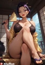 1girls ai_generated aliusnext asian asian_female blue_eyes curvy dominant_female feet female foot_fetish hi_res high_resolution highres huge_ass huge_breasts light-skinned_female mature_female milf mommy mother oc original_character original_characters patreon purple_hair tagme