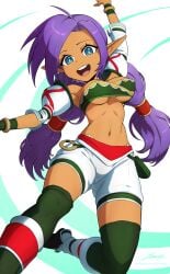 1girls big_breasts blue_eyes blush breasts cosplay dark-skinned_female elf_ears female female_only highres jumping legs long_legs navel purple_hair revenantart shantae shantae_(character) slim_waist smile solo soul_calibur talim_(cosplay) twintails