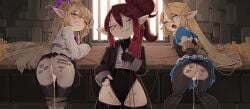 3girls after_sex arms_tied blonde_hair blue_eyes body_writing cum cum_drip cum_in_ass cum_in_pussy cum_inside earrings female_only femsub granblue_fantasy hand_on_hip knees_together_feet_apart leash legs_tied leotard light-skinned_female long_hair looking_at_viewer mostly_clothed no_panties one_eye_closed pimp pointy_ears prostitution red_eyes red_hair ripped_clothing ripped_pants shuuko skirt smirk tally_marks tied_up