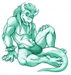 1boy bowser bracelet bulge claws green_and_white hair horns jewelry koopa long_hair looking_at_viewer male male_only mario_(series) muscles nintendo nipples qase reptile scalie sex sitting sketch skimpy solo spread_legs spreading tail thong tongue topless underwear ununununium