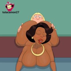 1boy 1girls afro big_ass big_breasts black_hair blonde_hair chris_griffin closed_eyes crossover curvy_female dark-skinned_female dark_skin donna_tubbs family_guy fat_ass grabbing_ass interracial rimjob rimming rimming_female sucking_ass the_cleveland_show tutacamon27