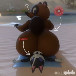 3d_(artwork) accidental_sex animal_crossing anthro ass beach big_butt black_body blender_(artwork) blender_cycles bodily_fluids brown_body canid canine cum cum_in_ass cum_inside cum_on_chest cum_on_face cum_on_self digital_media_(artwork) directional_arrow domestic_cat duo felid feline felis forced forced_partners genital_fluids hi_res huge_butt impregnation male male/male male_impregnation mammal nintendo onyxsplash overweight overweight_male ovum punchy_(animal_crossing) question_mark raccoon_dog sex sitting_on_another sitting_on_beach_towel size_difference sperm_cell sunny tanuki text tom_nook_(animal_crossing) trapped_under_butt unwanted_orgasm yellow_eyes