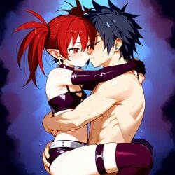 1female 1male ai_generated couple crossover demon_girl disgaea etna fairy_tail gray_fullbuster hugging red_hair small_breasts