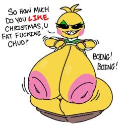 1girls animatronic big_breasts breasts breasts_bigger_than_head breasts_out chicken christmas christmas_sweater female five_nights_at_freddy's five_nights_at_freddy's_2 hyper hyper_breasts lifting_shirt robot sharp_teeth theslashfive toy_chica_(fnaf)