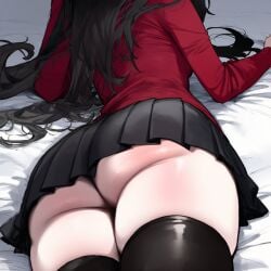1girls ai_generated ass ass_focus big_ass big_breasts black_hair black_legwear black_skirt blurry breasts facing_away fate/stay_night fate_(series) female female female_only from_behind hair_ribbon huge_ass light-skinned_female long_hair long_sleeves miniskirt pleated_skirt skindentation skirt solo thighhighs thighs tohsaka_rin truck-kun_art truck_kun two_side_up