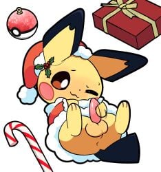 anus balls bottomless candy candy_cane christmas christmas_clothing christmas_headwear clothed clothing costume dessert feral food fur generation_2_pokemon genitals gift hat headgear headwear hi_res holidays male male_feral masturbation nintendo one_eye_closed penile penile_masturbation penis pichu plumflavor pokeball pokemon pokemon_(species) santa_costume santa_hat simple_background solo tapering_penis white_background yellow_body yellow_fur