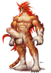 1boy anthro balls big_balls chest_tuft ephorox feline full-length_portrait full_length fur furry hyper hyper_penis male male_only muscles penis portrait scar solo standing stripes tail tiger tyon uncut