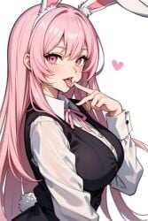 blush bunny_ears bunny_girl bunny_tail collared_shirt formal formal_attire formal_clothes formal_wear heart large_breasts long_hair pink_eyes pink_hair ribbon sakura_mio teasing tongue tongue_out uniform vest voluptuous voluptuous_female white_shirt white_skin whxsperrai