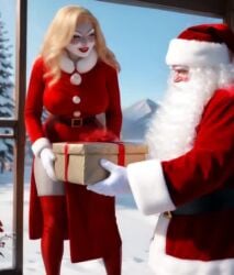 1boy 1futa ai_generated anthro blonde_hair bugs_bunny bulge christmas christmas_outfit dress futanari heels large_breasts looney_tunes nipple_bulge outdoors red_thighhighs santa_claus shorter_than_10_seconds standing tagme thighhighs video