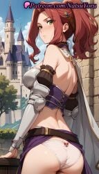 1girls ai_generated anime anime_style armor ass back bangs bare_shoulders belt bitch_(shield_hero) blue_sky blush boobplate bow breastplate breasts brown_belt brown_hair bust busty cape castle closed_mouth clothes_lift cloud cover_page cowboy_shot day detached_sleeves female female_focus female_only from_behind gauntlets green_eyes hair_intakes hair_ornament large_breasts long_hair looking_at_viewer looking_back malty_s_melromarc medium_breasts natsuyoru non-asian oshiri outdoors panties pantsu parted_bangs ponytail purple_skirt red_hair shoulder_armor sidelocks skirt skirt_lift sky solo solo_female standing tate_no_yuusha_no_nariagari the_rising_of_the_shield_hero thighs underwear voluptuous voluptuous_female white_cape white_panties yellow_eyes