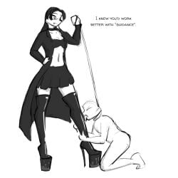 1boy 1girls black_and_white celera_prime dominant_female femdom leash_and_collar leashed_male licking_boots malesub original_character submissive_male tagme