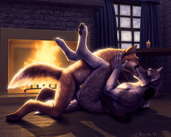 2007 anal anal_sex anthro candle canine canine_penis closed_eyes couple digitigrade eyes fire fireplace fox fur furry furry_only gay kissing male no_humans on_back penetration penis sex table tail taurin_fox winter wolf