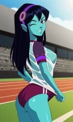 4kids_entertainment ai_generated alien alien_girl ass bigmic145 black_hair blue_eyes blue_skin breasts buruma female gym_clothes gym_uniform pointy_ears see-through see-through_clothing starlee_hambrath t-shirt tease teasing teenage_mutant_ninja_turtles teenage_mutant_ninja_turtles_(2003) tmnt tmnt_2003 water_fight wet wet_clothes wet_clothing