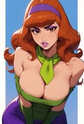 1girls ai_generated bent_forward blooboo breasts brown_eyes cartoon_network cleavage daphne_blake female large_breasts red_hair scooby-doo tagme