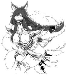 absurdres ahri animal_ears bit_gag bondage bound breasts female fox_ears fox_girl fox_tail gag greyscale harris_hero highres league_of_legends long_hair monochrome nipples restrained solo tail