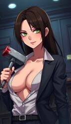 1girl 1girls ai_generated based_on_a_song based_on_song belt black_suit blood cleavage cocked_eyebrow courtroom dark_hair green_eyes hammer open_shirt original_character raised_eyebrow raised_eyebrows silver_hammer smirk unbuttoned_shirt white_shirt