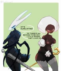 2girls big_hips black_body covered_nipples female_only hairy_pussy hollow_knight hornet_(hollow_knight) lace lace_(hollow_knight) medium_breasts multiple_girls needle pin sicksinner_(artist) silksong small_breasts sole_female thick_hips thick_thighs thigh_highs tsundere weapons white_hair white_headwear wide_hips