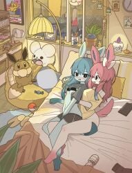 2girls anthro bed clothed clothing cuddle cuddling cute furry glaceon grabbing grabbing_breasts grabbing_from_behind lesbian plushie pokemon shirt_lift shirt_up sylveon tagme vibrator wholesome