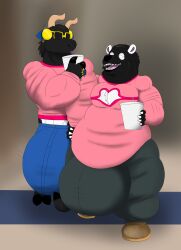 alythewolfcat anthro bear belly beverage big_belly big_bulge black_body black_fur bovid bovine bulge cattle digit_ring duo fur giant_panda haircut hi_res huge_belly huge_bulge husband_and_husband hyper hyper_bulge jason_julardas jewelry lucas_mcfist male mammal muscular muscular_male overweight overweight_male ring wearing_sunglasses wedding_ring