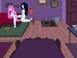 adventure_time all_fours big_penis black_hair canon_couple cowgirl_position doggy_style female floating from_behind futa_on_female futanari huge_balls huge_cock marceline nirbeaverlord nirstormlord offscreen_sex pink_hair princess_bubblegum tagme video yuri