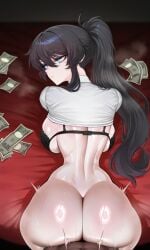 ai_generated ass big_ass blue_eyes dark-skinned_male doggy_style emotionless emotionless_sex money neutral_expression ponytail sex sex_for_money uninterested_sex