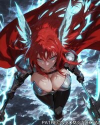 1girls action_pose ai_generated blue_eyes breasts cosplay fit high_school_dxd light-skinned_female lightning nsfw red_hair rias_gremory stickyai superheroine thor_(marvel)