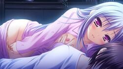 blue_hair breasts clothed_masturbation clothing fingering game_cg long_hair lump_of_sugar male masturbation moekibara_fumitake moonlight night pajamas purple_eyes sekai_to_sekai_no_mannaka_de small_breasts stealth_masturbation tagme tsukidate_minori