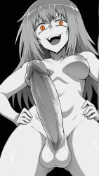 1futa ai_generated big_breasts big_penis black_background gamo-chan looking_at_viewer monochrome orange_eyes please_don't_bully_me,_nagatoro solo