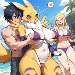 1female 1male ai_generated beach bikini crossover digimon fairy_tail furry gray_fullbuster renamon sensual slut