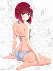 arima_kana ass back bare_arms bare_back bare_legs bare_shoulders bare_thighs barefoot bikini blush body_blush breasts butt_crack closed_mouth feet medium_breasts oshi_no_ko red_eyes red_hair satya short_hair shoulder_blades sideboob sitting string_bikini thighs toes wariza white_bikini