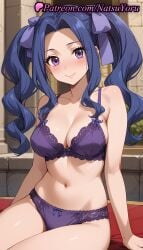 1girls ai_generated anime anime_style asian bangs bare_arms bare_shoulders blue_hair blurry_background blush bow bow_panties bra breasts bust busty cleavage closed_mouth collarbone curly_hair female female_focus female_only forehead hair_intakes hair_ribbon hair_ribbons hairbow indoors lace-trimmed_bra lace-trimmed_panties lace_trim large_breasts lingerie long_hair looking_at_viewer melty_q_melromarc natsuyoru navel panties pantsu parted_bangs purple_bow purple_bra purple_eyes purple_panties purple_ribbon ribbon sidelocks sitting smile solo solo_female stomach tate_no_yuusha_no_nariagari the_rising_of_the_shield_hero thighs twintails underwear underwear_only voluptuous voluptuous_female