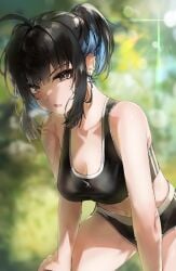 1girls adult adult_female ahoge antenna_hair bare_arms bare_belly bare_hands bare_hips bare_legs bare_midriff bare_shoulders bare_skin bare_thighs belly belly_button black_bra black_hair black_hair_female black_sports_bra black_underwear blue_hair blue_hair_female blurred_background blurry_background bra breasts brown_eyes brown_eyes_female busty busty_female busty_girl cleavage collarbone day daylight daytime dot_nose ear_piercing ear_piercings earrings exposed_arms exposed_belly exposed_hips exposed_legs exposed_midriff exposed_shoulders exposed_skin exposed_thighs fair_skin female female_focus female_only frown frown_eyebrows frowning frowning_at_viewer groin hair_between_eyes hand_on_legs hand_on_own_legs hand_on_own_thighs hand_on_thighs high_resolution highres irene_(kanniiepan) kanniiepan lean_body lean_figure leaning_forward legs light-skined_female light-skinned light-skinned_female light_skin light_skin_female light_skinned light_skinned_female long_hair looking_at_viewer mature mature_female medium_breasts midriff mole mole_on_breast mole_under_eye multicolored_hair narrow_waist navel open_mouth original original_art original_artwork original_character outdoor outdoors outside parted_lips pierced_ear pierced_ears ponytail short_ponytail shoulders sidelocks slender_body slender_waist slim_girl slim_waist smooth_skin solo sports_bra standing sweat sweatdrop sweating sweaty sweaty_arms sweaty_belly sweaty_body sweaty_breasts sweaty_face sweaty_legs sweaty_thighs thick_thighs thighs thin_waist tongue underwear upper_body wet wet_arms wet_belly wet_body wet_breasts wet_face wet_legs wet_thighs