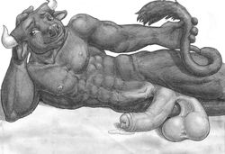 1boy anthro arjuna balls big black bovine bull flaccid male male_only muscular muscular_male nude penis precum solo uncut