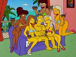 1boy 5girls 5girls1boy bikini brown_body brown_skin imminent_orgy imminent_sex moe_szyslak nude nude_male sexy smile the_simpsons yellow_body yellow_skin