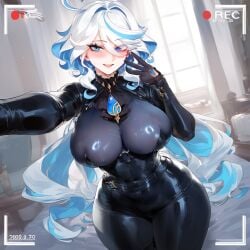 1girls ass black_bodysuit blue_eyes blush bodysuit breasts covered_nipples curvy depressu furina_(genshin_impact) genshin_impact huge_breasts latex long_hair looking_at_viewer multicolored_hair recording self_shot selfie silver_hair smile solo thick_thighs very_long_hair wide_hips