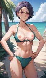 1girls abs ai_generated angry beach bikini breasts breasts_out female fire_emblem fire_emblem:_three_houses hands_on_hips ndsilver059 nipples purple_eyes purple_hair shamir_nevrand short_hair solo solo_female solo_focus tagme