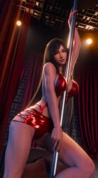 3d big_breasts black_hair club curtains final_fantasy final_fantasy_vii final_fantasy_vii_rebirth final_fantasy_vii_remake fit_female highres holding_object holding_pole hourglass_figure latex latex_skirt leotard lingerie lipstick long_hair looking_at_viewer miniskirt object_between_breasts painted_nails performance pole pole_between_breasts pole_dancer pole_dancing posing posing_for_the_viewer red_eyes red_leotard red_lingerie red_nails ria-neearts seductive seductive_look strip_club stripclub stripper stripper_clothes stripper_pole tifa_lockhart toned