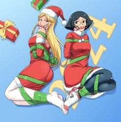 2girls arms_tied_behind_back black_hair blonde_hair blue_eyes bondage bound_ankles bound_legs candy_cane_gag christmas christmas_outfit gag gagged looking_at_viewer lostonezero original_character presents ribbon_bondage santa_hat wrapped_hands