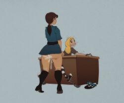 animated animated_gif ass blonde_hair desk female futanari genital_fluids gif handcuffs hat implied_futanari looking_back police_uniform policewoman restrained sex shoes tan_body taped_mouth thigh_boots thighhighs